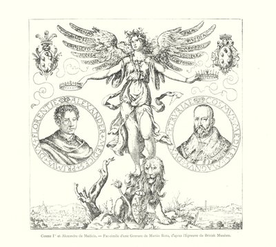 Cosme I 和 Alexander de Medicis，马丁·罗塔 (Martin Rota) 雕刻的复制品，根据大英博物馆的证明（雕刻） 作者 意大利学校