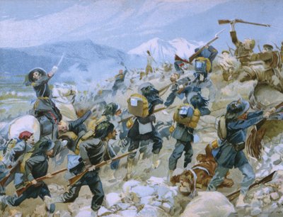 1855年8月16日，克里米亚战争和切尔纳亚战役，一张关于Risorgimento历史的专辑插图，为19世纪后期的巧克力Talmone做的 作者 Italian School