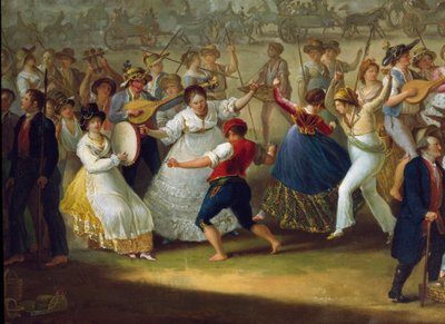 那不勒斯的舞蹈场景和流行派对 塔兰泰拉舞者 (tarantella, tarantella)。 无名画。 18 世纪那不勒斯，圣马蒂诺国家博物馆 作者 意大利学校