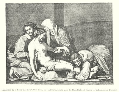 被称为 La Pieta di Luco 的十字架的沉积，由 Del Sarte，由 Lucco 为 Camaldolese 绘制，佛罗伦萨收藏（雕刻） 作者 意大利学校
