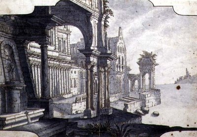 舞台布景设计，约1750年（纸上笔墨和水彩）。 作者 意大利学校