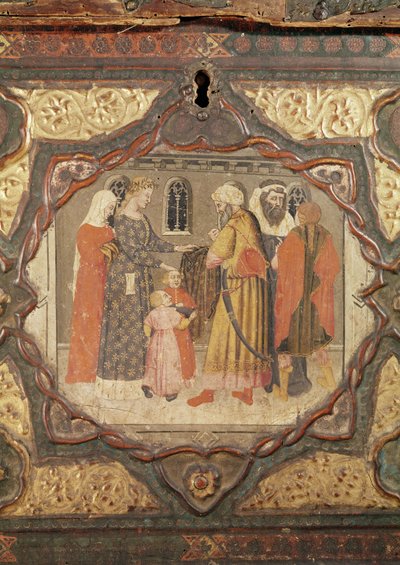 乔瓦尼·薄伽丘 (Giovanni Boccaccio) 描绘的萨拉丁和伊斯特拉的托雷洛 (Torello of Istria) 故事的卡索内细节（面板上的蛋彩画）（另请参阅 444280-81） 作者 意大利学校