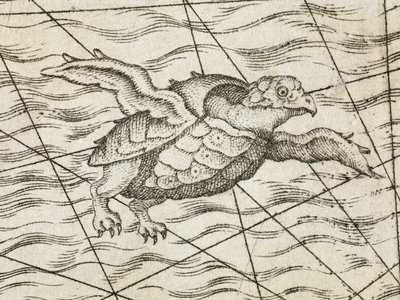 北欧地图上的飞龟细节，出自《Septentrionalium Regionum Suetiae, Gothiae, Norvegiae, Daniae et terrarum adjacentium recens exactaque descriptio》。M. Tramezini formis 作者 意大利学校