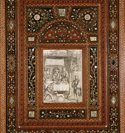 在Memling（c.1433-94）之后，从给予苏格兰玛丽女王（1542-87）和弗朗西斯二世（1544-60）的内阁作为结婚礼物（木头和镶嵌象牙）的象牙雕刻的细节（见162449） 作者 意大利学校