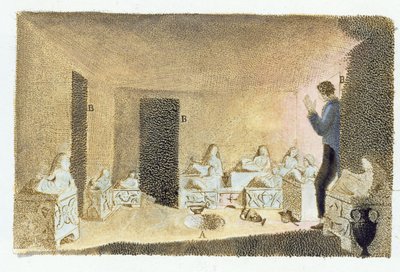 发现伊特鲁里亚墓葬。插图来自Monumenti Etruschi，Francesco Inghirami（1772-1846），于1825年在菲耶索莱出版（彩色版画） 作者 意大利学校