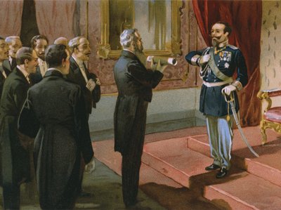 Sermoneta公爵在1870年佛罗伦萨Palazzo Pitti为罗马公民投票提供国王Victor Emmanuel II（1820-78），Risorgimento历史专辑中的插图为巧克力Talm制作 作者 意大利学校