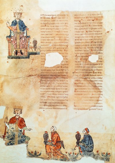 霍恩斯托芬德皇帝腓特烈二世，《De Arte Venandi cum Avibus》中的插图（牛皮纸）。 作者 意大利学校