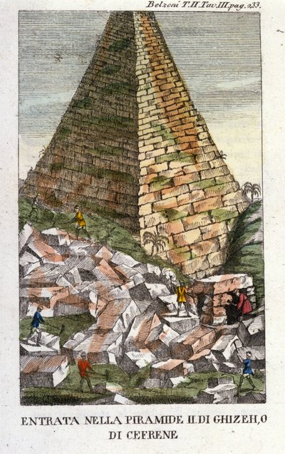 贝尔佐尼进入吉萨金字塔（Guiseh, Giza, Giza）或Chephren（旧帝国）的入口处。乔瓦尼-巴蒂斯塔（Gianbattista）-贝尔佐尼（1778-1823），意大利探险家和考古学家，在埃及有重要考古发现。雕刻 - 在" 作者 意大利学校