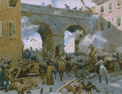 1848年3月18日至22日的活动，米兰人追逐奥地利人，一张关于Risorgimento历史专辑的插图，为巧克力Talmone制作，19世纪末 作者 意大利学校
