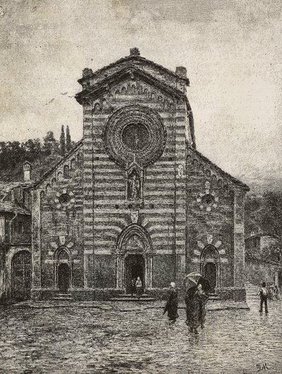 意大利科莫湖贝拉诺大教堂的正面，由 Quinto Michetti 的绘画雕刻而成，来自 L