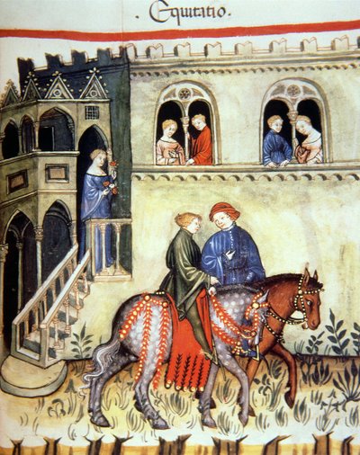 Fol.102r Horseriding，来自Tacuinum Santiatis Codex Vindobonensis的插图 作者 意大利学校