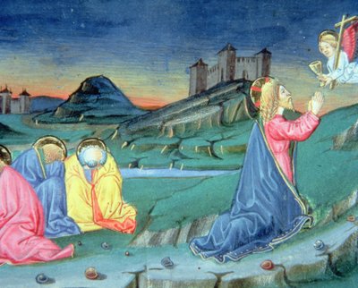 Fol.104r 在橄榄山上祈祷后，天使前来安慰基督（牛皮纸） 作者 意大利学校