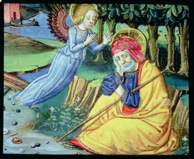 Fol.37v 天使告诉约瑟夫，玛丽怀孕了（牛皮纸） 作者 意大利学校