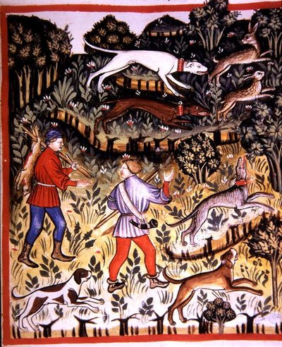 Fol.72r 狩猎野兔，来自《Tacuinum Santiatis》的插图（牛皮纸）。 作者 意大利学校
