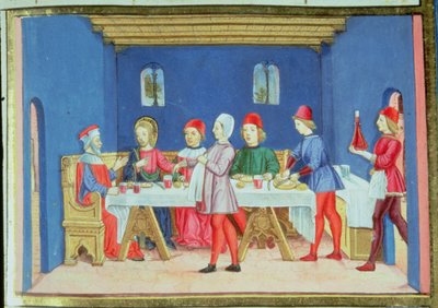 Fol.75v Jesus During the Meal at the House of the Pharisee Asks if He Is Allowed to Heal on the Sabbath (vellum)   1408409   zh       chinese Successfully Translated  Original: Virgin Mary, detaild from 1630100 Polyptych of the Crucifixion with Saints Tran 作者 意大利学校