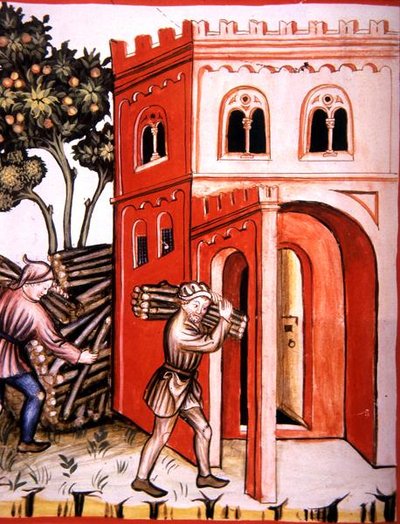 第97页冬日商店，来自《Tacuinum Santiatis Codex Vindobonensis》（牛皮纸）的插图 作者 意大利学校