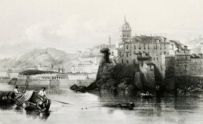 热那亚码头的墙，背景是Doria Pamphili别墅，雕刻，约1850年，意大利 作者 意大利学校