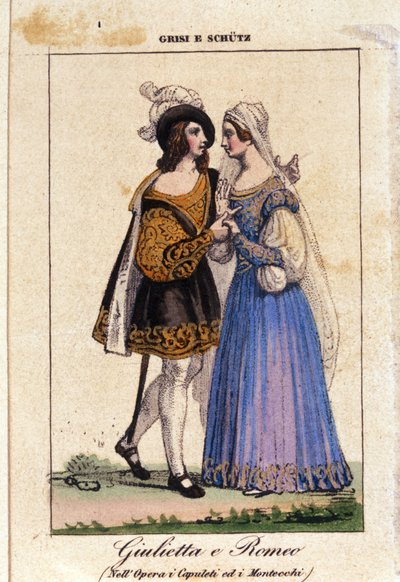 文森佐·贝里尼 (Vincenzo Bellini) 的朱利亚·格里西 (Giulia Grisi) 和舒茨 (Schutz) 在“I Capuleti e i Montecchi” (Les Capulet et les Montaigu) 中诠释了罗密欧与朱丽叶 作者 意大利学校