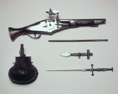 武器组：Wheellock手枪，绕组钥匙，粉末烧瓶和细高跟 作者 意大利学校