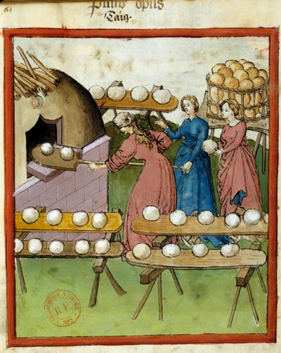 Health manual: baking bread. Miniature of the manuscript “Tacuinum Sanitatis””, Lombardy, 3rd quarter of the 14th century. Paris, B N 作者 意大利学校