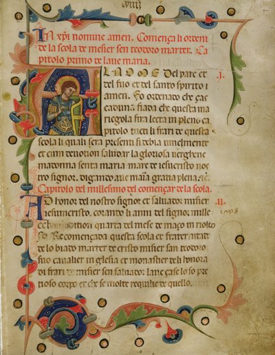 历史上最初的&39;A&39;显示St. Theodore，来自Mariegola，1350（在牛皮纸上的墨水） 作者 意大利学校