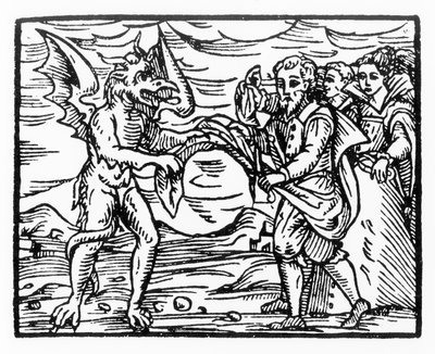 向魔鬼致敬，来自Compendium Maleticarum的插图复制品，由Fr M Guaccius，米兰1608年，用于“魔法史”，出版于19世纪末期 作者 意大利学校