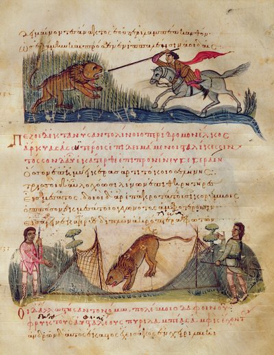 用矛和陷阱狩猎，来自Cynegetica的插图由Oppian（牛皮纸上的蛋彩画） 作者 意大利学校