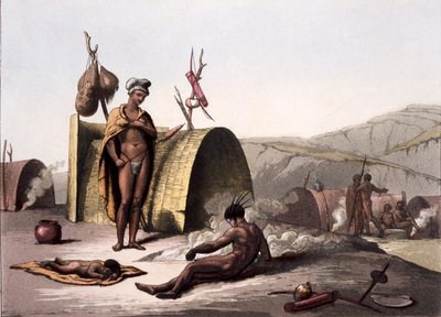 布什曼人的小屋和营地生活方式，来自Costumi dei ...由Giulio Ferrario，1820s-30s 作者 意大利学校