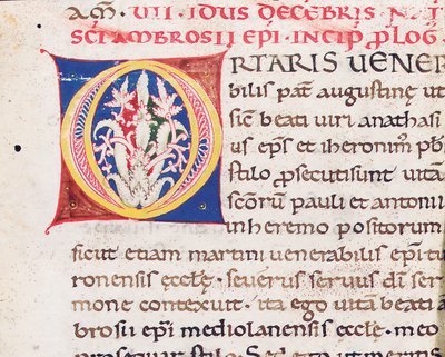 Vita Sancti Ambrosii与米兰的Paulinus的切工反面的第一个字母“ O”，可能来自托斯卡纳，约1150-75年（牛皮纸上的墨水） 作者 意大利学校