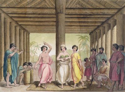 一个Tahitian房子的内部有舞女的，从早期的19世纪旅行书的一汇集的例证 作者 意大利学校