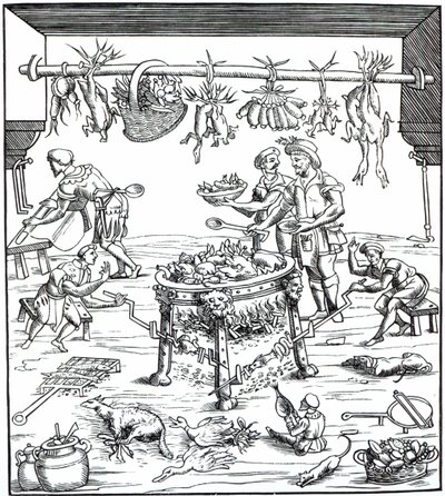 意大利厨房的内部，在Banchetti composi di Vivende木刻后由Christoforo di Messisburgo出版，1549年出版 作者 意大利学校