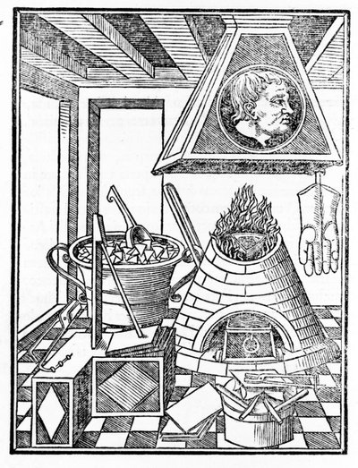 冶金车间的内部视图 雕刻自“Voarchadumia contra alchimiam ars distincta ab archimia et sophia..” 作者 Giovanni Agostino Pantheo (1517-1535) 作者 意大利学校