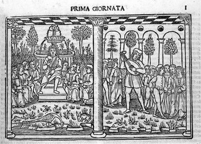 简介：十日谈的作者代表围绕着十个年轻人。 Giovanni Boccaccio 或 Jean Boccace (1313-1375) 的《十日谈》（1349-1351）第一天的插图，雕刻在“十日谈 ouer Cento nouelle”威尼斯，巴托尔 作者 意大利学校