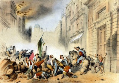 意大利联合：1860 年 5 月 26 日，朱塞佩·加里波第率领他的红衫军，进入西西里岛的巴勒莫，对那不勒斯的波旁王朝进行了决定性的打击。 19 世纪的雕刻 作者 意大利学校