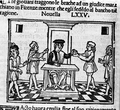 佛罗伦萨的审判现场。 意大利作家乔瓦尼·薄伽丘（Giovanni Boccaccio dit Jean Boccaccio，1313-1375）的“十日谈”新闻第 75 期（新 5 日）插图。 雕刻在“”Decamerone ouer Cento nouelle” 威尼斯，Bartolomeo de 