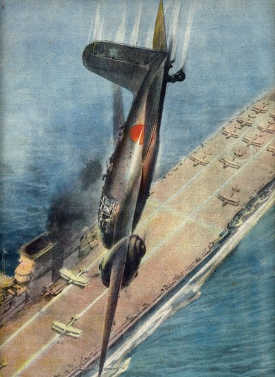 神风特攻队飞行员阿部袭击英国航空母舰，《La Domenica del Corriere》插图，1944 年 11 月 5 日（印刷品）。 作者 意大利学校