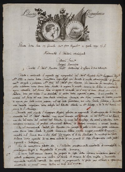 Letter in Italian, with a depiction of the head of Brutus the younger, a burning hand representing Gaius Mucius Scaevola, and the motto of the French Revolution 作者 意大利学校