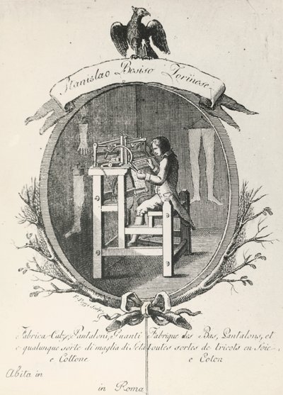 用于制作袜子、裤子和手套的织布机，为意大利Stanislaus Bosiso公司的广告海报刻字。 作者 意大利学校