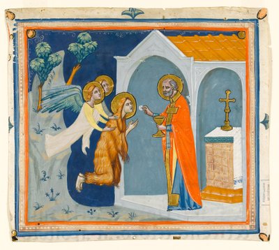 MS McClean folio 201.4 r St. Mary Magdalene，在艾克斯周围的荒野中，被天使带到圣马克西姆，他管理着她的最后一次圣餐，c.1330 作者 意大利学校