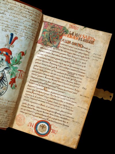 朱尔斯-凯撒（Giulio Cesare或Caius Julius Caesar）（公元前100-44年）的手稿 "De Bello Gallico, Comments on the War of the Gauls"（ms. 541），手稿所有者人文主义者Niccolo Tranchedini的标记。14世纪那不勒斯Riccardiana图书馆 作者 意大利学校