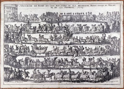 化装舞会：在狂欢节之际，人们戴着面具游行和跳舞。 米兰 20/02/1764 18 世纪的雕刻 作者 意大利学校