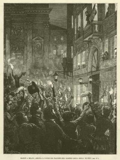 米兰的马志尼，来自 Albergo Della Bella Venezia 阳台的海斯人（版画） 作者 意大利学校