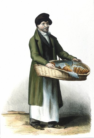 Milanese Metier：卖饼干和蛋糕的人。1830年洛迦诺版画。 作者 意大利学校