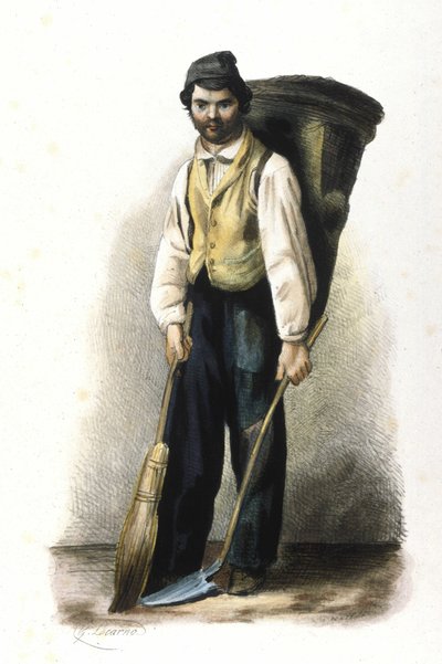 Milanese metier：清道夫。 1830 年洛迦诺版画。 作者 意大利学校