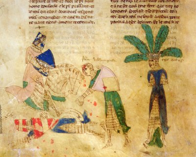 Ms.EST.59 fol.85v 特里斯坦释放亚瑟王，选自《特里斯坦的故事》（牛皮纸） 作者 意大利学校