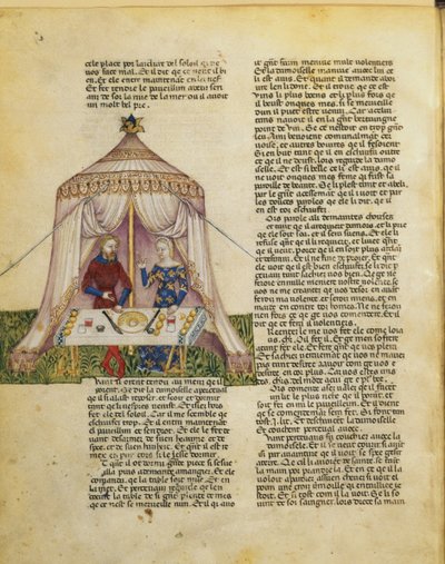 Ms.Fr 343 f.31v Percival先生受到一位女子的诱惑，他在引诱他之前给了他一个盛宴，来自Queste del Saint Graal，c.1380-85 作者 意大利学校
