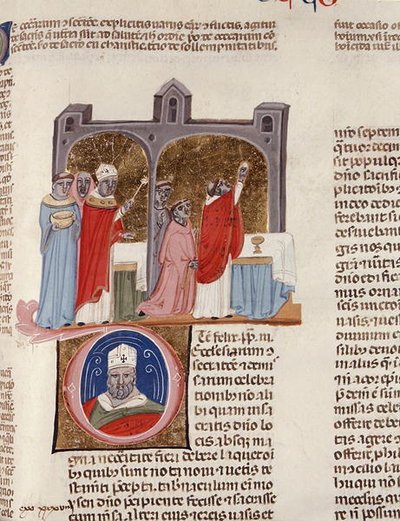 183号文件，第312页。De consecratione，来自 "Decreta cum Apparatu Ioannis Andreae Laurentii（牛皮纸）"的微型画。 作者 意大利学校