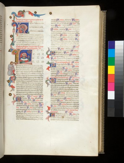 Ms 390. Seneca the Younger, Opera, and Seneca the Elder, Excerpta controversiarum, f.95r. Inhabited initial [L], with portrait of Seneca pointing at the Wheel of Fortune and at a downcast male figure in the border 作者 意大利学校