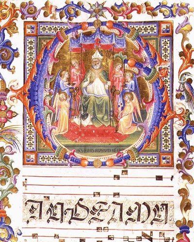 Ms 557 f.35v 历史悠久的首字母“O”，描绘了埃吉迪乌斯（圣吉尔斯）（d.c.700）被天使包围登基，来自“Messale di Sant