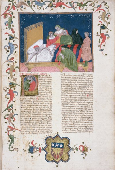 亨特女士 6 f.1r 一个人立遗嘱，选自 Bartoli de Saxoferrato（1314-57 年）的 "Lectura super Infortiato"（牛皮纸）。 作者 意大利学校